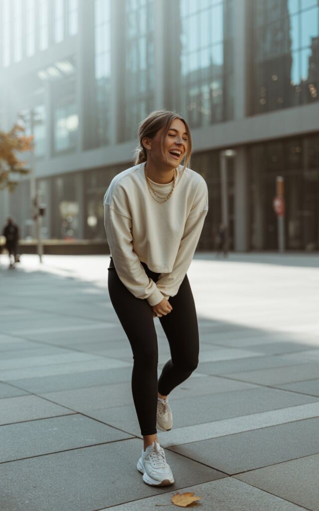 Full-body portrait of a model in fitted black leggings with an oversized cream crewneck, chunky sneakers, and layered gold chains. Taken in a modern city plaza with glass buildings, natural daylight. She’s mid-laugh, looking candid, hair in a half-up style.