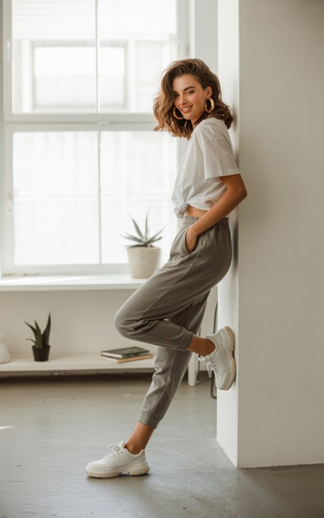 Full-body portrait of a model in gray jogger pants, oversized tee tucked slightly, chunky sneakers, and bold hoop earrings. Shot inside a minimal modern apartment with soft morning light through windows. She’s leaning against the wall, one foot up, candid natural look.