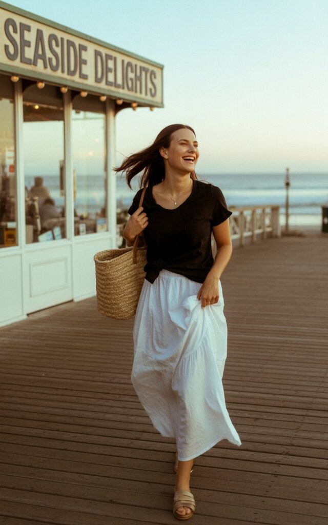 Full-body seaside boardwalk photo. Model wears a flowy white maxi skirt with a tucked-in black tee. Flat sandals and straw tote add a breezy finish. Hair flows naturally in the wind. Soft sunset light creates a dreamy vacation vibe as she walks along casually, laughing.