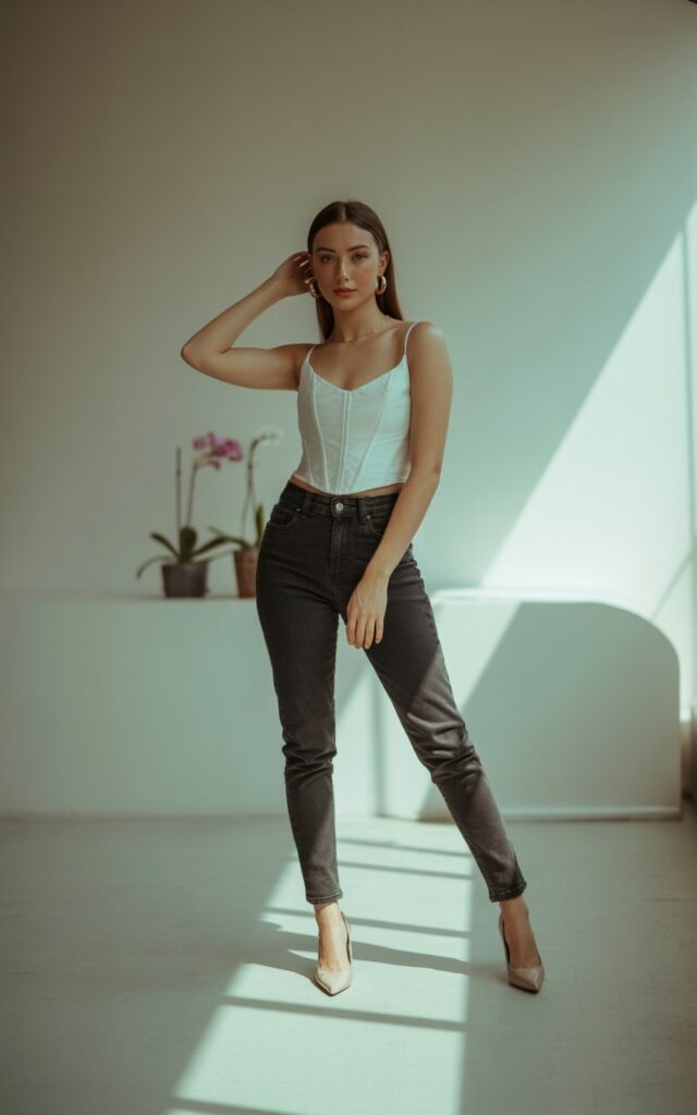 Full-body shot in a modern studio with soft window light. Model wears a white corset top tucked into dark-wash skinny jeans, pointed nude heels, and delicate hoop earrings. Hair sleek straight middle part. Pose standing with one leg slightly forward, one hand brushing hair back, slight smirk.