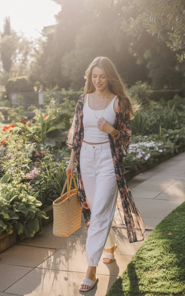 Full-body shot in a sunlit garden pathway with soft golden hour light. The model wears a white cotton tank paired with a flowy floral kimono and nude slides. Accessories include layered necklaces and a straw tote bag. Her hair cascades in loose waves, and her makeup is fresh and minimal. She walks gracefully with a soft smile, holding the edge of her kimono.