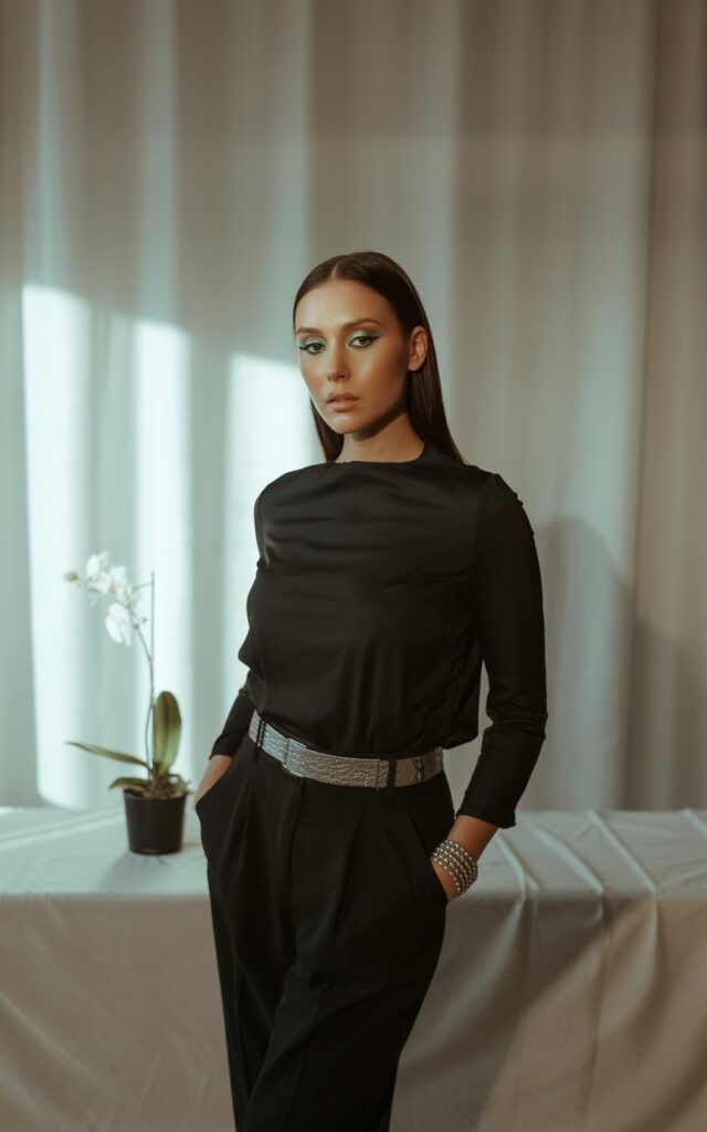 Full-body shot indoors against a neutral-toned backdrop with soft window light. The model wears an all-black ensemble—sleek black top and tailored pants—accented by a wide statement belt and chunky silver bracelets. Black boots complete the look. Her hair is sleek and straight, parted in the middle, and her makeup is subtle with a hint of shimmer. She stands with arms crossed lightly, exuding confidence and poise.