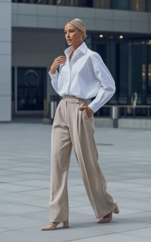 Full-body shot of a chic white-skinned model standing in a modern city plaza, wearing a crisp oversized white button-down tucked into beige wide-leg trousers, paired with nude block heels. Minimal gold jewelry, sleek low bun hairstyle. Natural daylight, clean urban architecture in the background. She poses mid-step, looking confident and approachable.