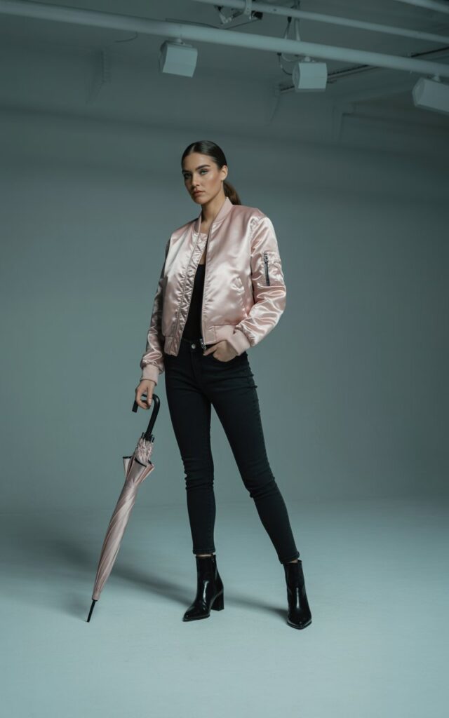 Full-body shot of a model wearing a blush-pink satin bomber jacket with black skinny jeans and ankle boots. Studio backdrop with soft indoor spotlight, editorial style. Hair in a sleek low ponytail, pose casual yet powerful, one hand in pocket.
