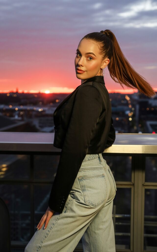 Full-body shot of a white-skinned female model with high ponytail, wearing a cropped black blazer, light wash high-waisted jeans, and strappy heels. Setting rooftop bar. Sunset sky in the background. She’s standing at the railing, looking over her shoulder with a smirk. Chic and youthful.