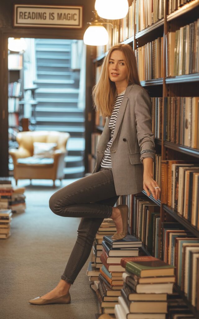 Full-body shot of a white-skinned female model with loose straight hair, in a checked blazer, striped tee, dark skinny jeans, and ballet flats. Setting cozy bookstore interior. Warm indoor light. She’s leaning against a bookshelf, slight smile, casual chic.