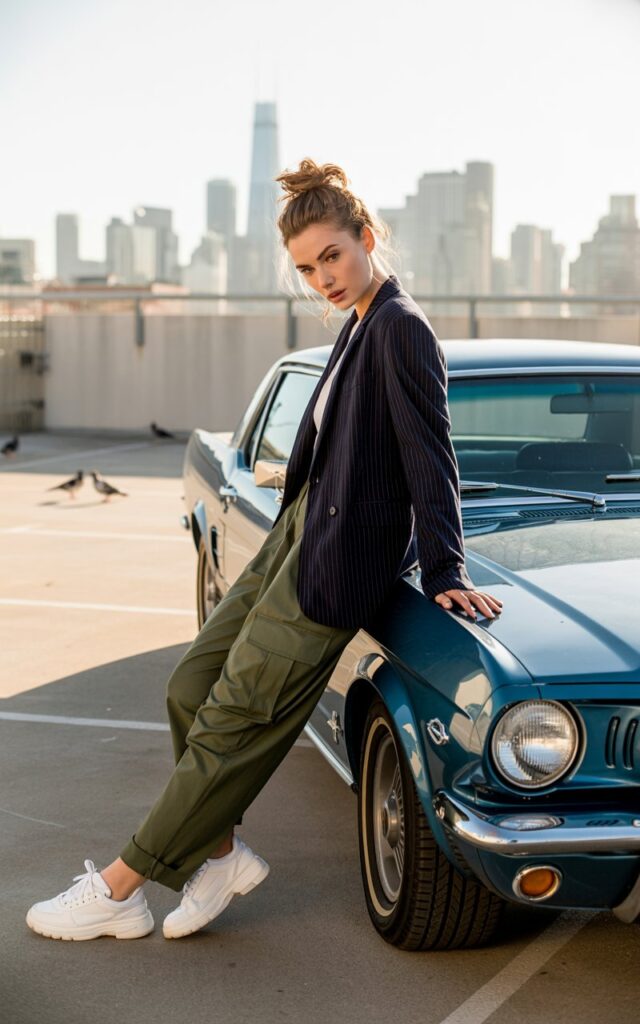 Full-body shot of a white-skinned female model with messy bun, in a navy pinstripe blazer, olive cargo trousers, and chunky sneakers. Setting rooftop parking lot with city skyline. Golden hour light. She’s leaning casually against a car, smirking slightly. Smart yet laid-back.