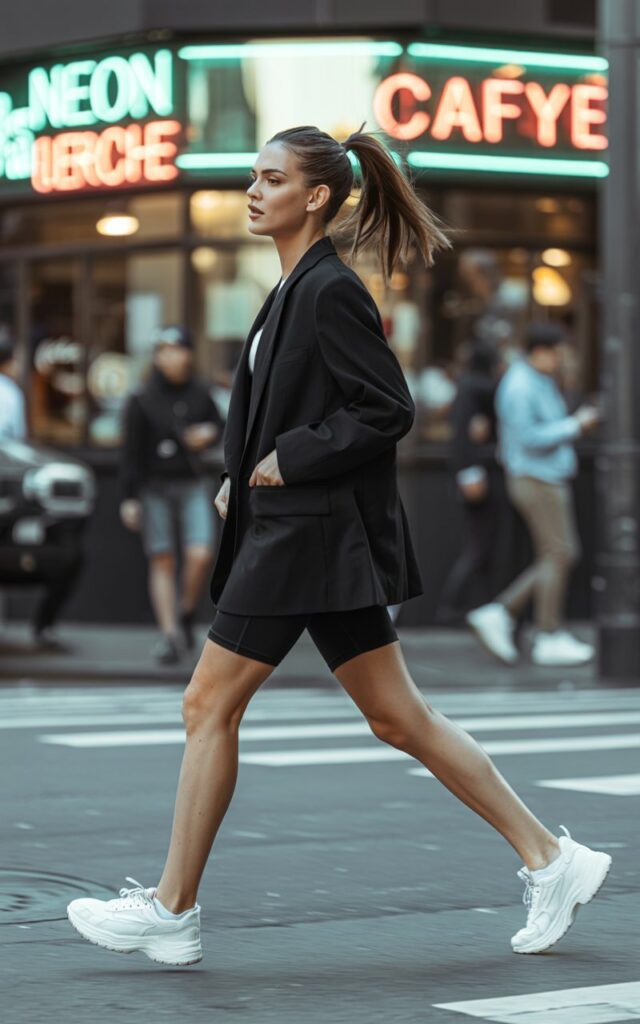 Full-body shot of a white-skinned female model with sleek high ponytail, wearing an oversized black blazer, black bike shorts, and chunky white sneakers. She’s striding down a trendy urban street, neon café signs blurred in the background. Natural daylight. Confident expression, hands in blazer pockets. Editorial, sporty-chic vibe.