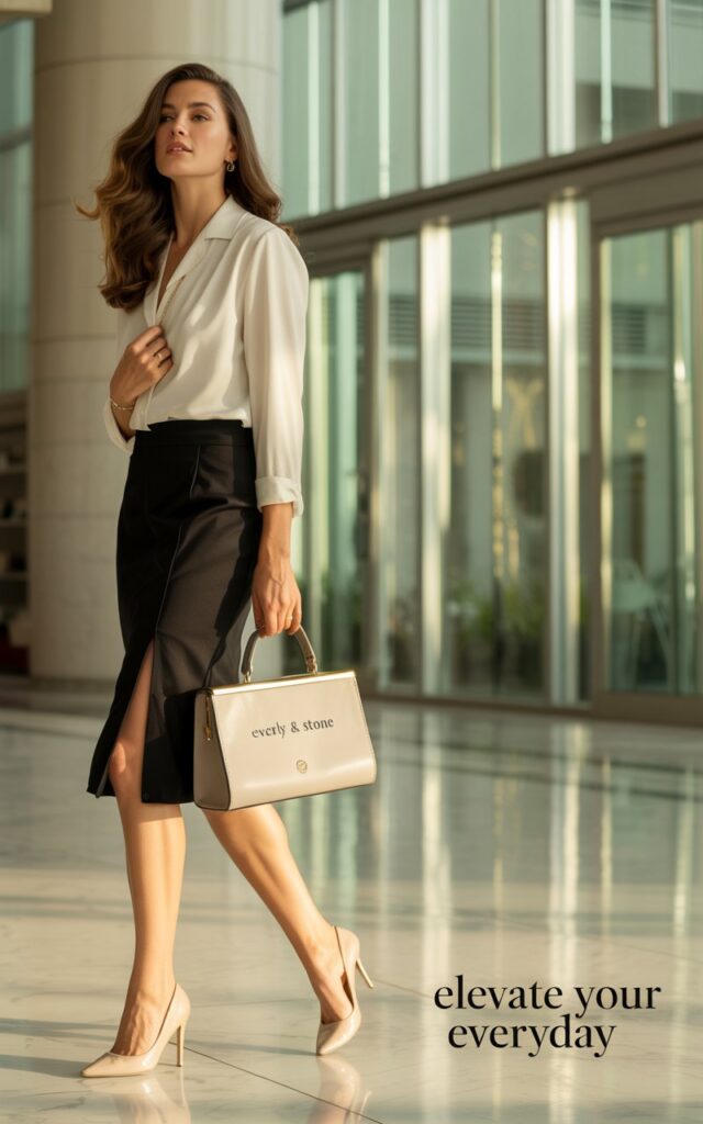 Full-body shot of a white-skinned female model with sleek, shoulder-length brunette hair, styled in loose waves. She wears a black high-waisted pencil skirt, tucked ivory silk blouse, and pointed nude pumps. Shot in a chic office lobby with marble floors and tall glass windows, soft afternoon window light casting natural highlights. She stands confidently with one hand on her hip, subtle smile, holding a structured handbag.