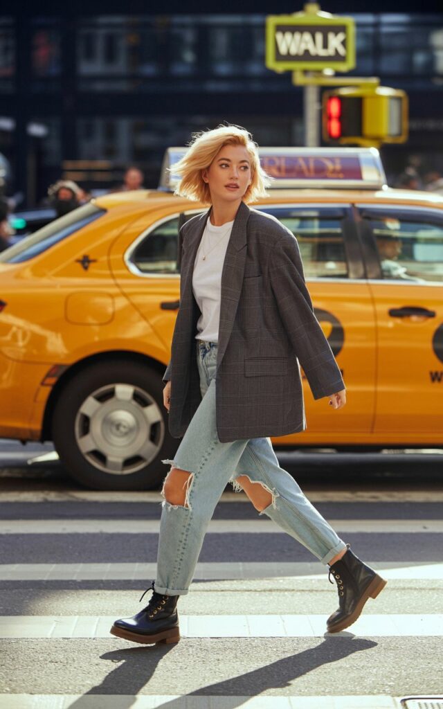 Full-body shot of a white-skinned female model with tousled blonde hair, in an oversized plaid blazer, ripped boyfriend jeans, and ankle boots. Setting city crosswalk with blurred yellow taxi in the background. Natural afternoon light. She’s mid-step, candid street style feel.