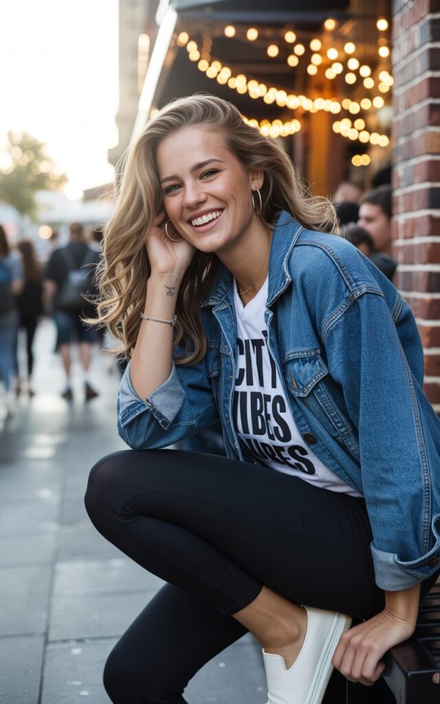 Full-body shot of the model leaning against a café wall with warm string lights in the background. Golden hour light creates a soft glow around her. She’s wearing a faded blue denim jacket, a bold graphic tee tucked into sleek black leggings, and white slip-on sneakers. Her hair is in loose waves, and she accessorizes with hoop earrings and a simple bracelet. She looks casually playful, tilting her head slightly with a bright smile.
