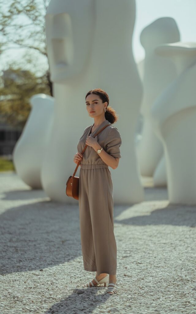 Full-body shot outdoors near a modern sculpture garden with soft daylight. The model wears a taupe neutral jumpsuit cinched at the waist, paired with white strappy flats and a sleek brown leather crossbody bag. Simple stud earrings and a delicate watch add refined touches. Her hair is pulled back into a low ponytail with natural texture. She stands confidently, holding the bag strap with one hand, looking directly into the lens.