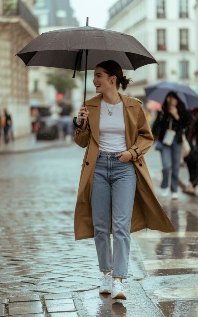 Full-body street photo in drizzly weather. A white-skinned model walks holding an umbrella, wearing a camel trench coat over straight-leg denim and a tucked-in tee. Sneakers keep it casual. Her hair is tied in a messy bun. Soft overcast lighting and wet cobblestones create a cinematic vibe as she walks casually, laughing at something unseen.