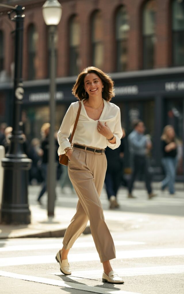 Full-body street style capture in soft daylight. Model wears beige high-rise trousers with a tucked-in crisp white blouse. Neutral loafers complete the look. A slim belt and crossbody bag add subtle polish. She stands mid-stride, candid smile caught naturally.