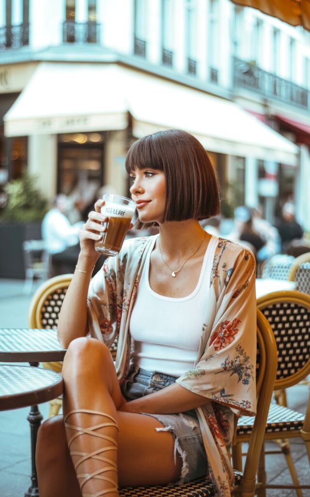 Full-body street-style photo of a brunette model with sleek bob, styled in a floral kimono layered over a white tank and denim shorts, tan gladiator sandals. Captured in an urban sidewalk café with natural daylight. She’s seated on a chair, legs crossed, sipping iced coffee.