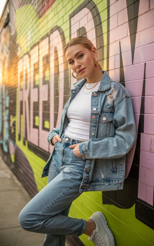 Full-body streetwear editorial shot at an urban wall mural. Model wears a light-wash denim jacket with matching high-rise jeans and a white tee underneath. Gold layered necklaces and chunky hoops add glam. She pairs with white sneakers. Golden-hour light highlights the denim texture as she leans back against the wall, one hand in her pocket, looking effortlessly cool.