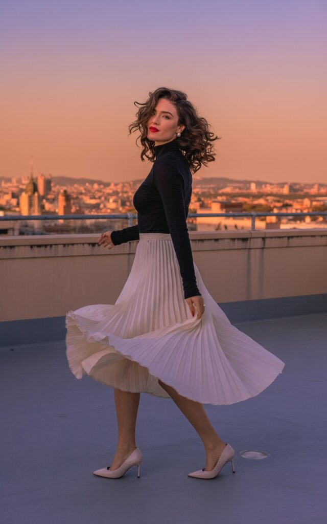 Full-body urban rooftop photo. Model wears a flowy pleated white midi skirt with a slim black long-sleeve top tucked in. Pointed heels and red lipstick finish the look. Hair styled in loose glamorous curls. Golden-hour lighting enhances elegance as she twirls lightly, skirt flowing.