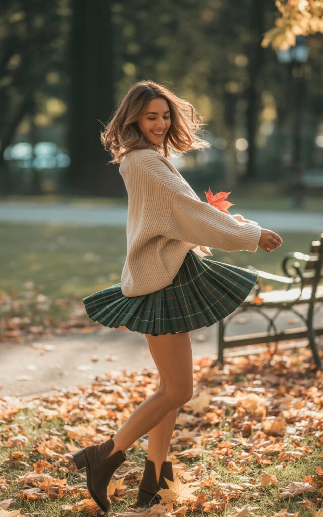 Full-body view in a park with fallen autumn leaves, natural daylight. She wears an oversized chunky knit sweater tucked slightly into a plaid pleated mini skirt with ankle boots. Her hair is half-up, half-down with soft waves. She twirls playfully, skirt flowing.