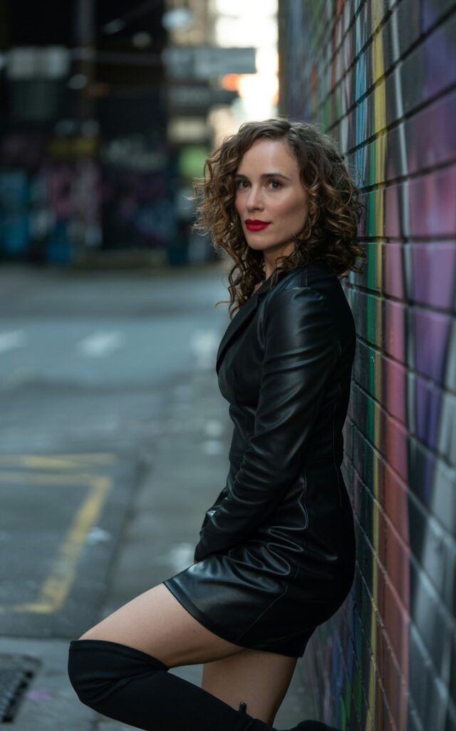 Full-body view in an urban alley at night with graffiti. Model in a black faux leather mini dress, thigh-high boots, and bold red lipstick. Hair styled in big loose curls. Lighting dramatic side lighting. Pose leaning on a wall with one hand, confident smirk.