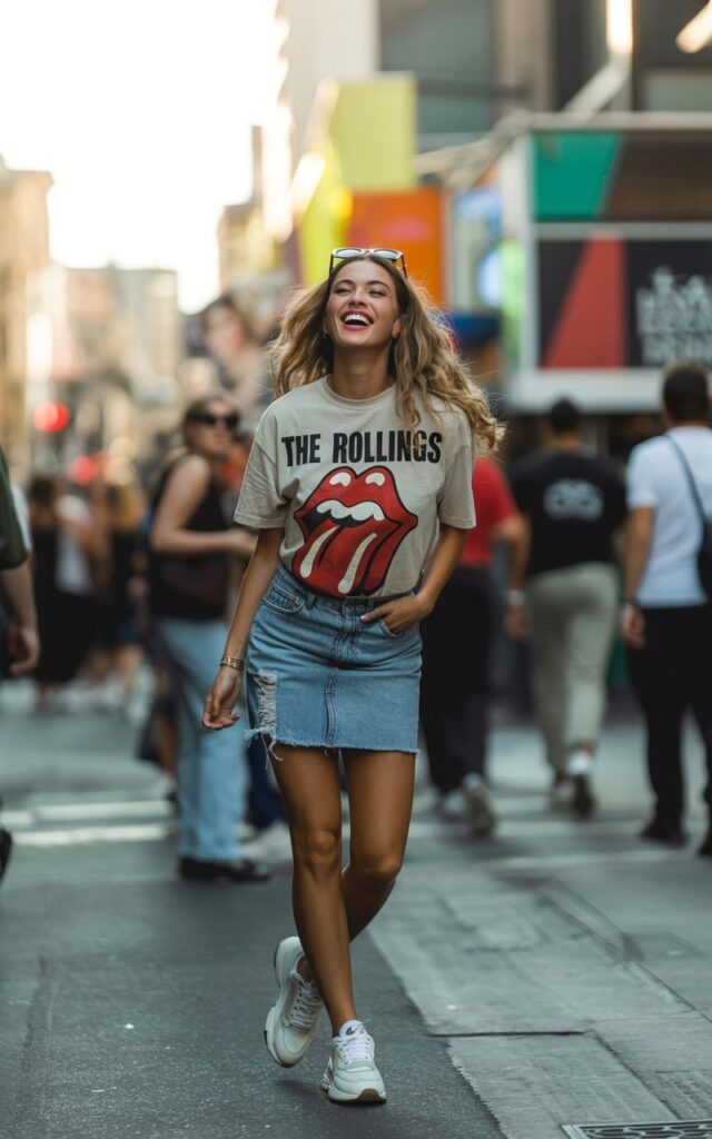 Full-body view of a model on a lively city street, soft golden hour lighting. She wears a vintage band graphic tee tucked into a frayed denim mini skirt with chunky white sneakers. Her hair is in loose waves, sunglasses perched on her head. She’s laughing, one hand in her skirt pocket, looking candid.