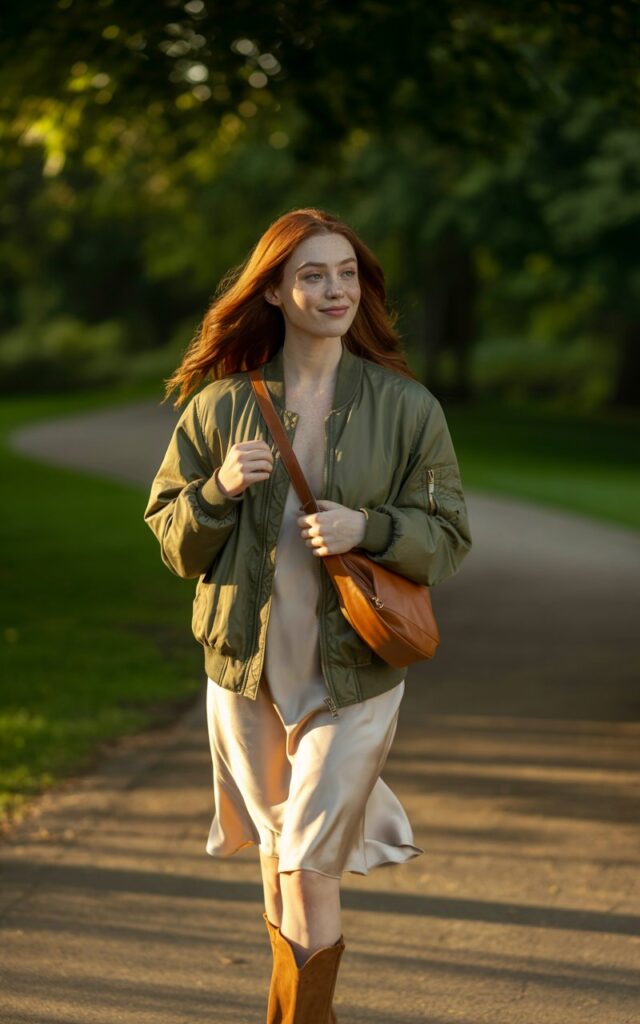 Full-body view of the model walking through a leafy park path bathed in golden hour light. She wears a lightweight olive bomber jacket over a silky cream slip dress that grazes her knees, paired with brown suede ankle boots. Accessories include layered gold necklaces and a soft leather crossbody bag. Her hair flows loose, catching the sunlight, and she glances over her shoulder with a soft, inviting smile.