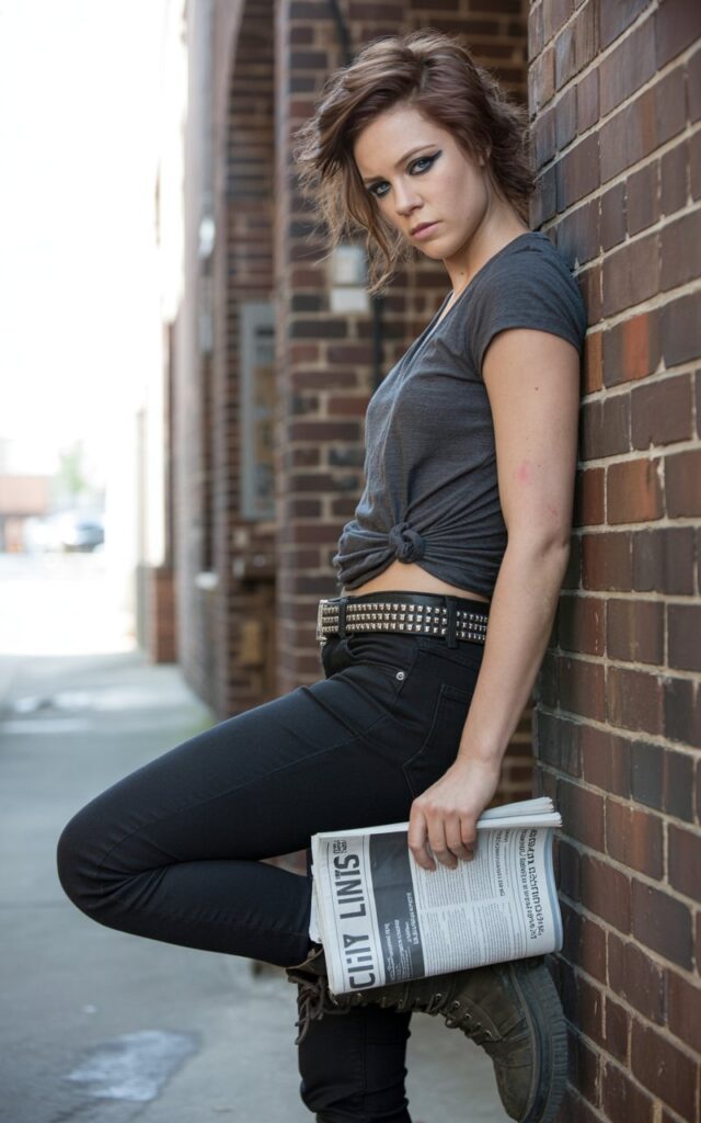 Grungy urban alley backdrop, daylight. She wears fitted black jeans with a studded belt, tucked-in grey tee, and combat boots. Hair messy and textured, smoky eyeliner. She’s leaning against a brick wall, one leg bent, edgy expression.