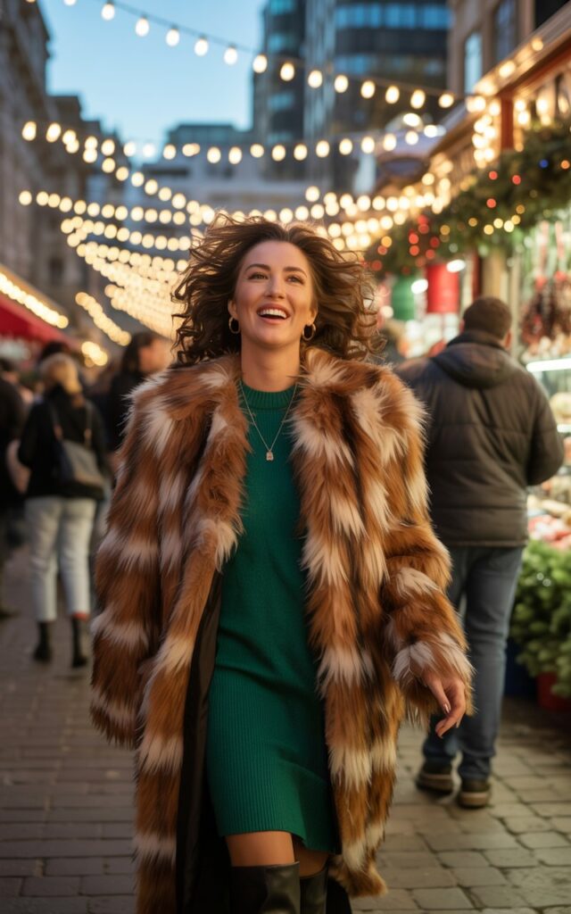 Holiday market backdrop. Model in a dramatic faux fur coat over a fitted sweater dress with knee boots. Warm string lights glowing in the background. Hair curled glamorously. Pose strolling through market, joyful smile.