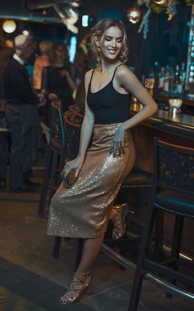 Indoor cocktail bar scene. Model in a fitted black tank with a gold sequin midi skirt, strappy metallic heels, and a clutch. Hair in soft curls, glowing makeup. Warm moody lighting. She leans against the bar, playful smirk, ready for the night.