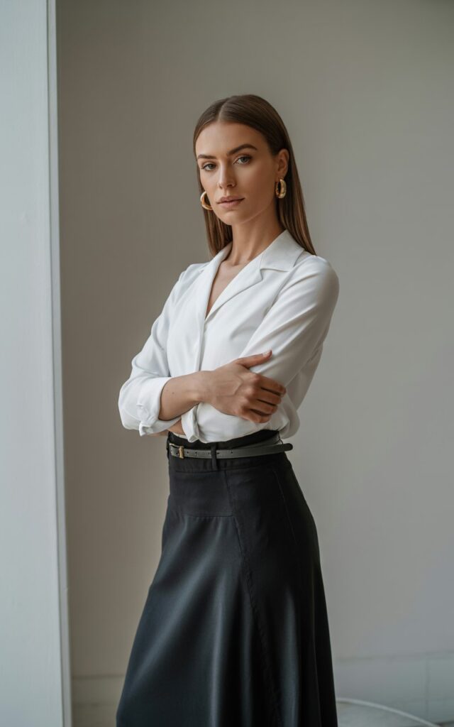 Indoor minimalist studio shot with natural window light. A fit brunette with sleek straight hair stands in a crisp tucked white button-up and tailored black maxi skirt, styled with a thin black belt and gold hoops. She’s crossing her arms with a subtle confident smile.