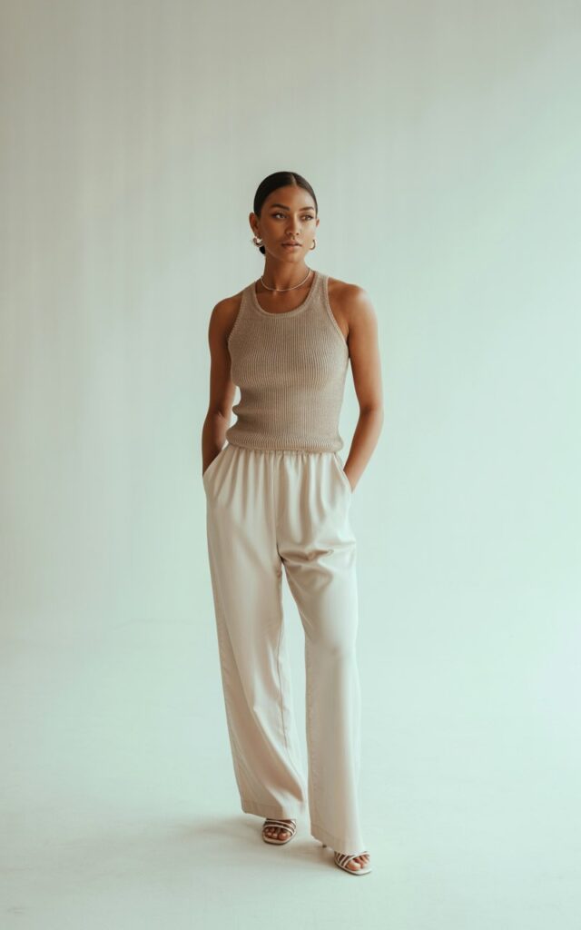 Indoor studio space with soft white light. She wears a fitted knit beige tank tucked into flowy cream wide-leg pants, with strappy sandals. Hair in a polished bun, minimal jewelry. She’s standing tall, hands in pockets, elegant pose.