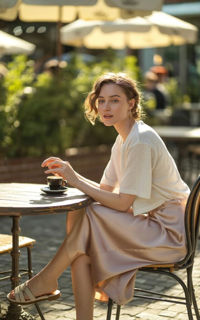Loose white boxy T-shirt tucked into a silky blush slip skirt, styled with flat leather sandals. She’s seated at a café table outdoors with an espresso, sunlight bouncing off the table. Golden-hour lighting adds a romantic feel. Her hair is softly curled, expression relaxed and content.