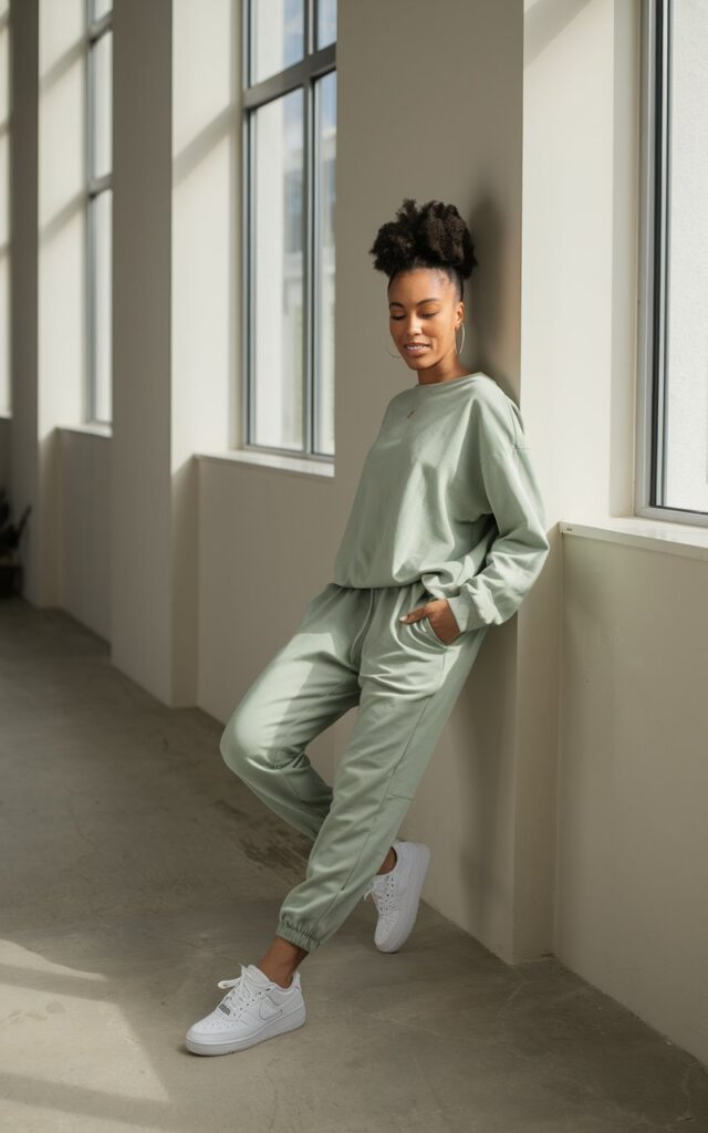 Minimalist indoor studio scene with natural light from tall windows. Model wears a sage green jogger set with white sneakers, simple hoop earrings, and hair in a high ponytail. Casual pose, leaning against the wall, hands in pockets, relaxed smile.