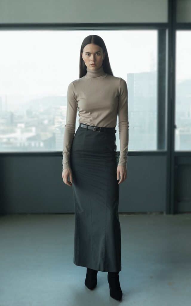 Minimalist office-style studio. A tall model with straight dark hair wears a charcoal fitted maxi skirt with a beige turtleneck tucked in, styled with pointed black boots and a thin belt. She stands tall with arms by her side, serious expression, soft window light highlighting sharp lines.