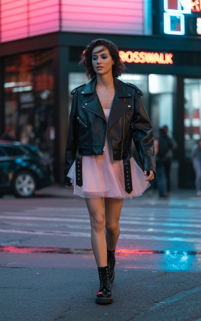 Model in a black leather biker jacket layered over a pastel mini dress, paired with chunky black combat boots. Urban night street scene with neon signs glowing. Tousled hair, smoky eye makeup. Pose walking confidently across the crosswalk, head slightly tilted, cool and edgy vibe.