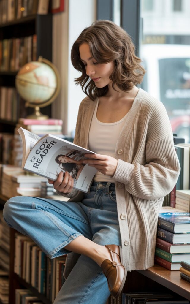 Model in a chunky cream cardigan layered over a simple tank, straight-leg blue jeans, and brown leather loafers. She’s standing in a bookstore, flipping through a magazine. Soft indoor window light highlights her hair, styled in loose waves. Her pose is relaxed, giving an elegant yet cozy feel.