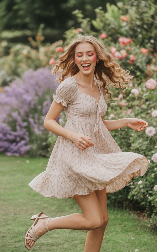 Model in a girl pastel floral babydoll dress with strappy sandals. Outdoor garden setting with blooming flowers, natural daylight. Hair styled in soft curls, fresh blush makeup. Pose twirling playfully, laughing candidly, dress flowing with motion.