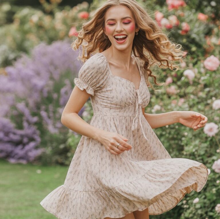Model in a girl pastel floral babydoll dress with strappy sandals. Outdoor garden setting with blooming flowers, natural daylight. Hair styled in soft curls, fresh blush makeup. Pose twirling playfully, laughing candidly, dress flowing with motion.