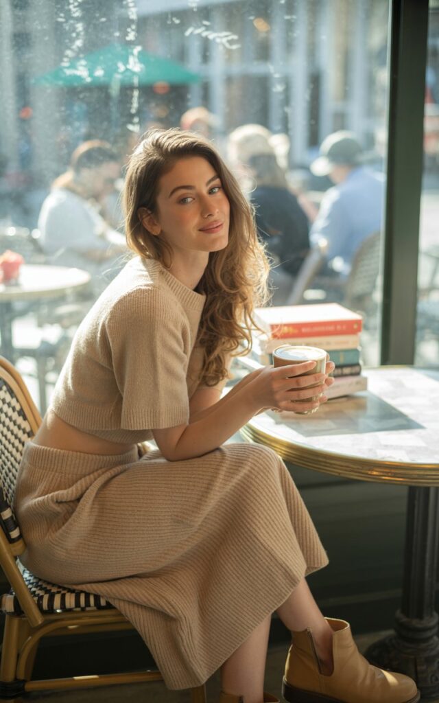 Model in a soft beige knit crop top and matching midi skirt with ankle boots. Cozy café setting with warm window light streaming in. Hair in loose waves, minimal dewy makeup. Pose sitting at a café table with a latte in hand, smiling softly at the camera.