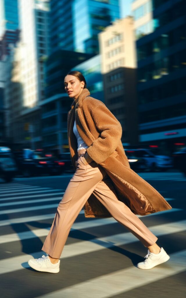 Model in an oversized camel teddy coat with beige straight-leg pants and sneakers. City crosswalk setting. Early morning light reflecting off glass buildings. Hair styled sleek and middle-parted. Pose walking briskly, looking over shoulder.