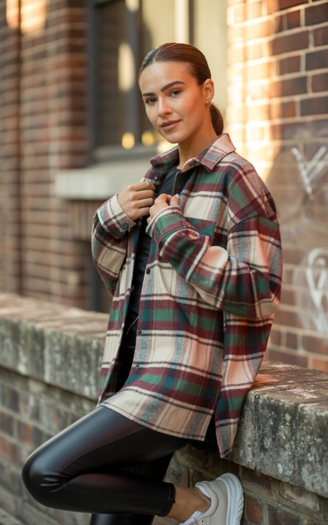 Model in an oversized plaid shacket layered over a black top, paired with shiny faux leather leggings and chunky white sneakers. Street-style setting with a brick wall backdrop. Golden hour glow adds warmth. Hair in a sleek ponytail, expression confident, one hand adjusting her jacket.