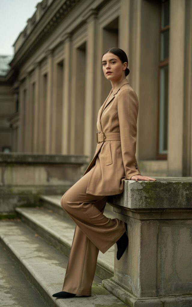 Model on stone steps outside a classic building. She wears a camel belted coat cinched neatly, wide-leg trousers flowing, and pointed-toe boots. Early morning crisp light. Hair in a sleek low bun. Elegant, upright pose with confident expression.