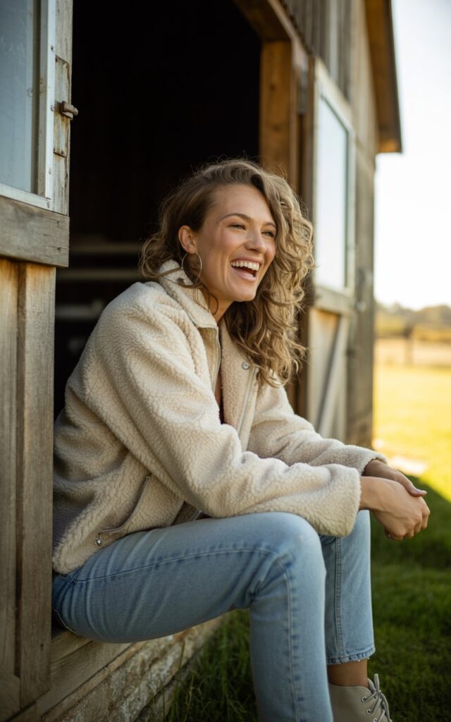 Model outside a rustic barn door, wearing a cream sherpa jacket, light-wash distressed jeans, and lace-up boots. Afternoon sunlight casting warm tones. Hair natural, tousled waves. Candid laugh, leaning casually against wooden frame.