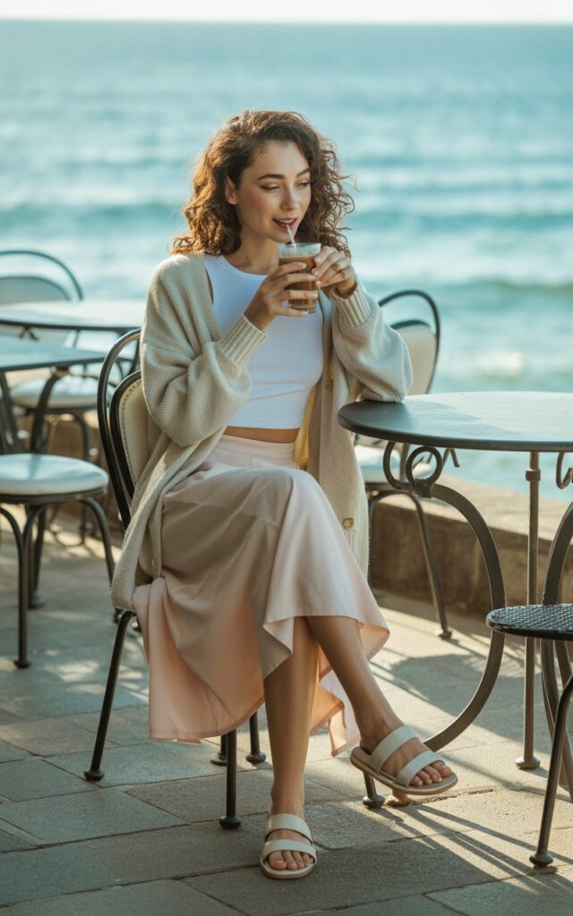 Model seated outdoors at a coastal café, wearing a light knit cardigan over a white crop top and flowy pastel midi skirt with flat sandals. Golden hour light reflects off the ocean. Hair styled in loose curls, natural glow makeup. She sips iced coffee while looking off playfully.