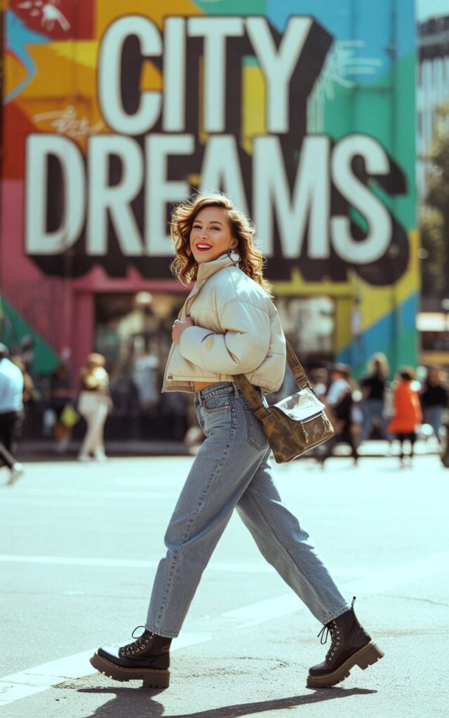 Model standing against an urban mural wall, wearing a cropped white puffer jacket, high-waisted straight-leg jeans, and chunky lace-up boots. Bright daylight. Hair in loose curls, crossbody bag slung casually. Confident, candid mid-walk pose.