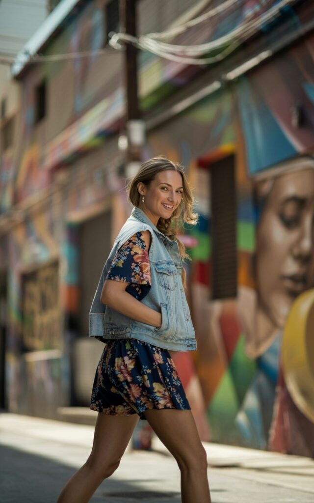 Model walking down a colorful mural alleyway. Outfit floral printed romper layered with a faded denim vest, paired with ankle boots. Hair styled in messy braid. Natural daylight, vibrant street art background. She walks confidently, looking over her shoulder.