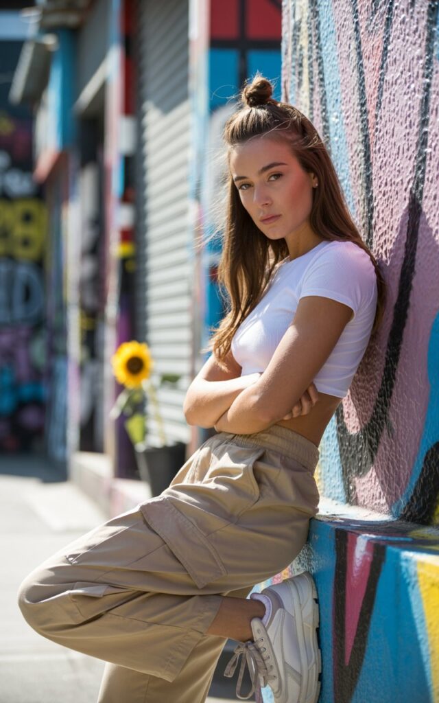 Model wearing a cropped white baby tee with khaki cargo pants and chunky white sneakers. Shot on a graffiti-covered street wall in daylight. Hair in a messy bun, natural makeup. Pose leaning casually against the wall, arms crossed, looking effortlessly cool.
