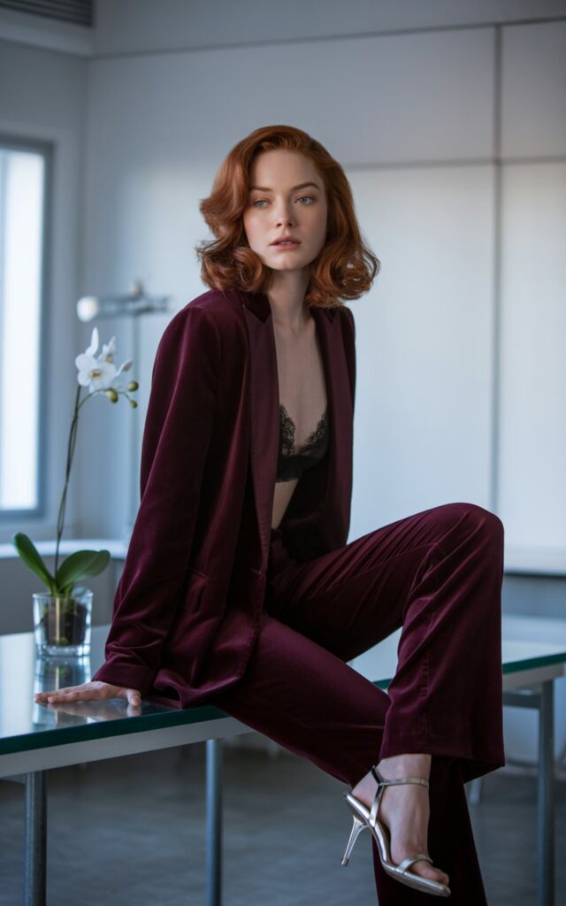 Model with auburn hair in soft waves, wearing a deep burgundy velvet pantsuit with black lace bralette underneath and strappy heels. Indoor office-like loft with soft window light. She sits on a desk edge, blazer draped open, confident and relaxed expression.