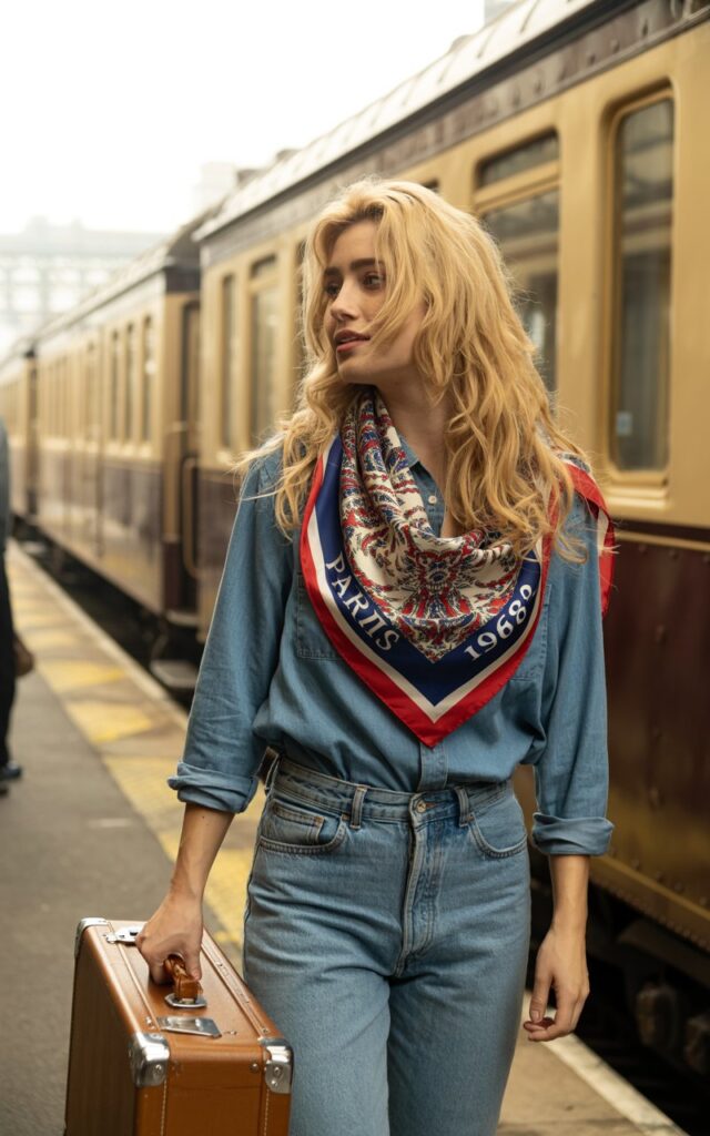 Model with long wavy blonde hair, denim shirt tucked into high-waist denim jeans, bold patterned scarf around neck. Shot on a vintage train platform, late-afternoon light. She’s standing with suitcase in hand, candid natural pose.