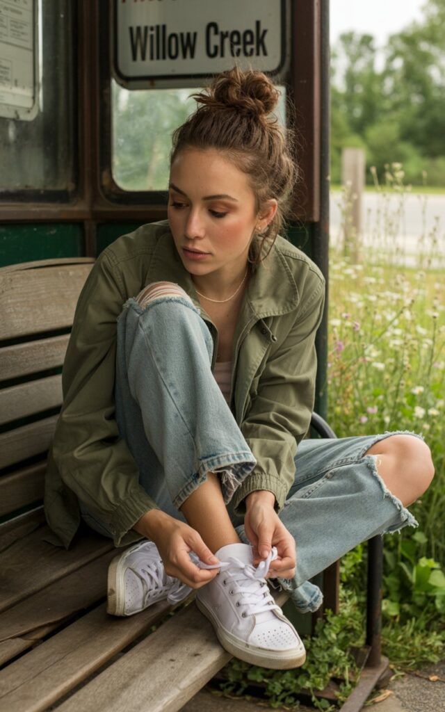 Model with messy bun and minimal makeup, in an olive utility jacket, ripped light-wash jeans, and sneakers. Shot in a rustic countryside bus stop, soft daylight. She’s seated casually on a bench, tying her shoelaces.