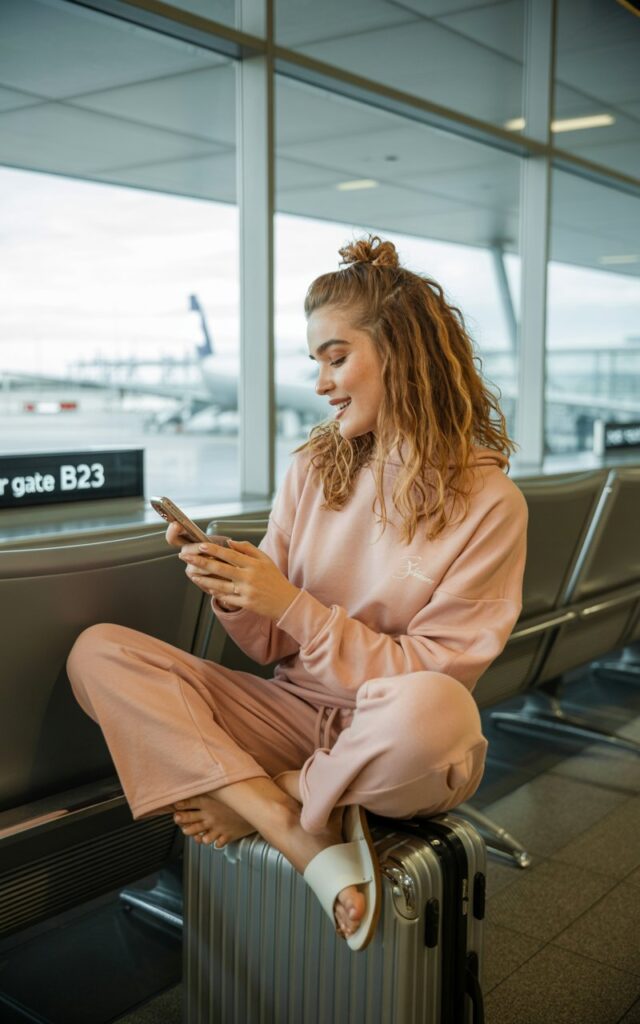 Model with natural strawberry-blonde waves, in a pastel pink sweat set and white slides, messy bun hairstyle. Full-body shot at an airport lounge, soft indoor window light. She’s seated on her suitcase, scrolling her phone with a relaxed smile.